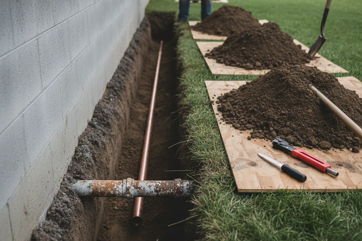 Excavated water line trench during Water Softener Installation in Gilman